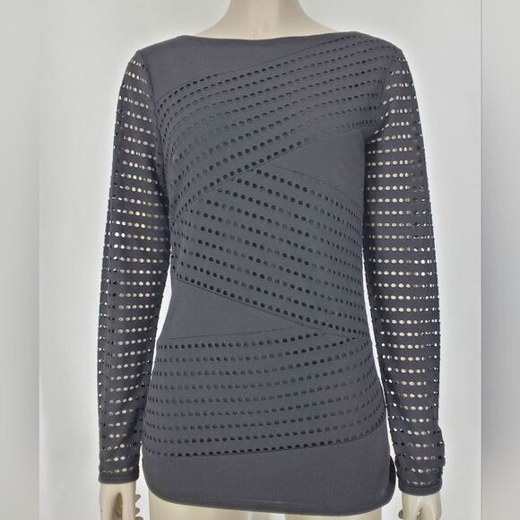 Vince Camuto Black Mesh-Like Long-Sleeve Bandage Top - Picture 2 of 12